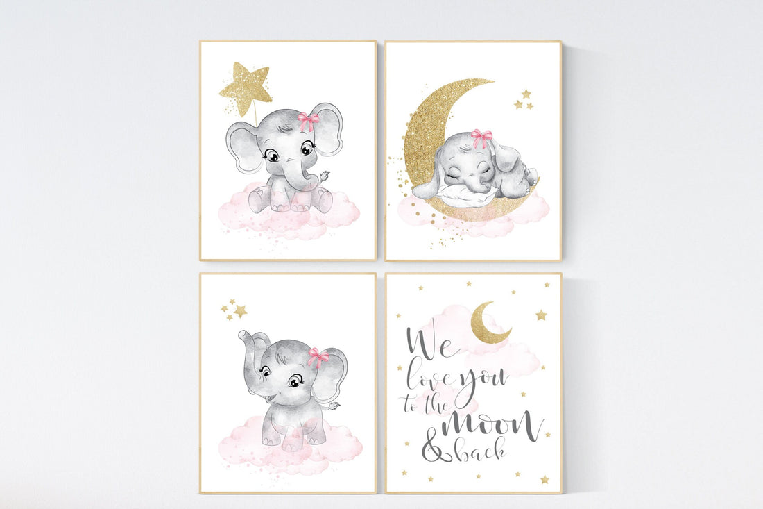 Nursery decor girl elephant, pink and gold nursery, we love you to the moon and back, pink nursery art, cloud and stars, baby room decor