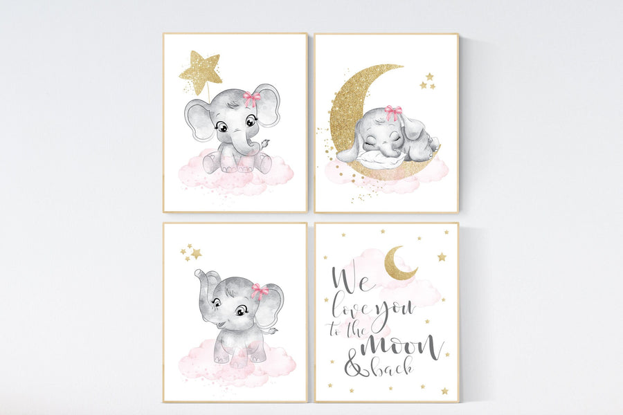 Nursery decor girl elephant, pink and gold nursery, we love you to the moon and back, pink nursery art, cloud and stars, baby room decor