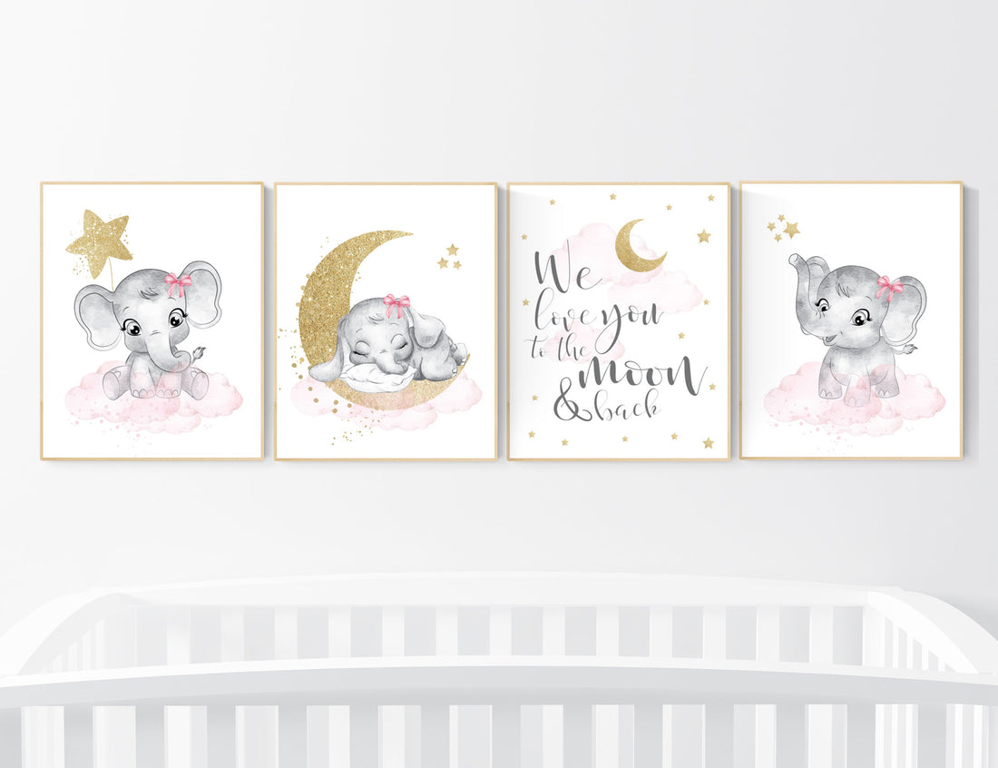 Nursery decor girl elephant, pink and gold nursery, we love you to the moon and back, pink nursery art, cloud and stars, baby room decor