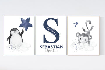 Nursery decor boy, monkey and penguin, animal prints, nursery wall art boy name, navy blue, nursery wall decor, boy nursery decor, penguin