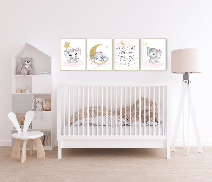 Nursery decor girl elephant, pink and gold nursery, twinkle twinkle little star, pink nursery art, cloud and stars, baby room decor