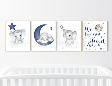 Nursery decor boy elephant, navy nursery decor, we love you to the moon and back, moon and stars, navy blue nursery art, elephant nursery
