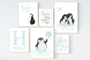 Nursery decor mint, mint green nursery, penguins, penguin, gender neutral nursery, mint green nursery wall decor, animal prints, wall decor