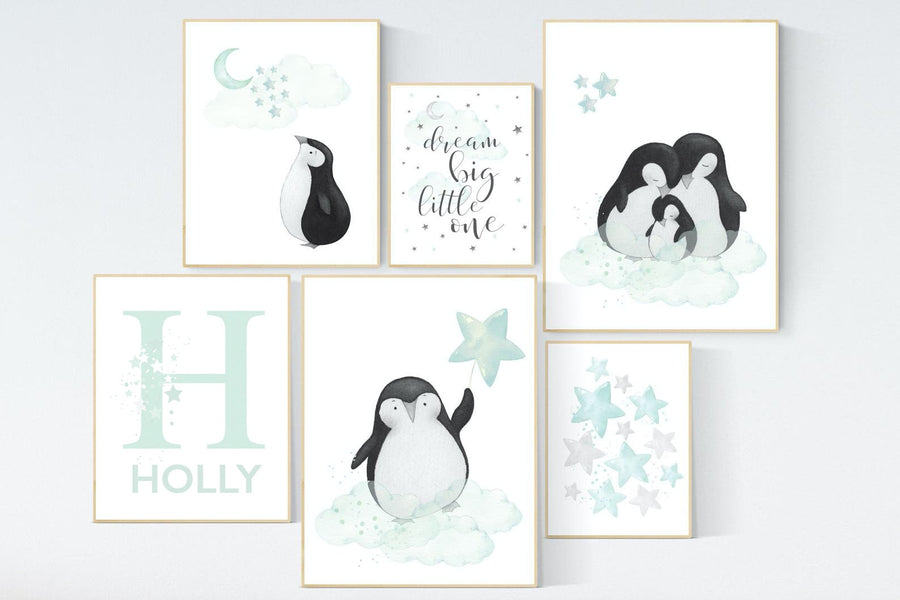 Nursery decor mint, mint green nursery, penguins, penguin, gender neutral nursery, mint green nursery wall decor, animal prints, wall decor