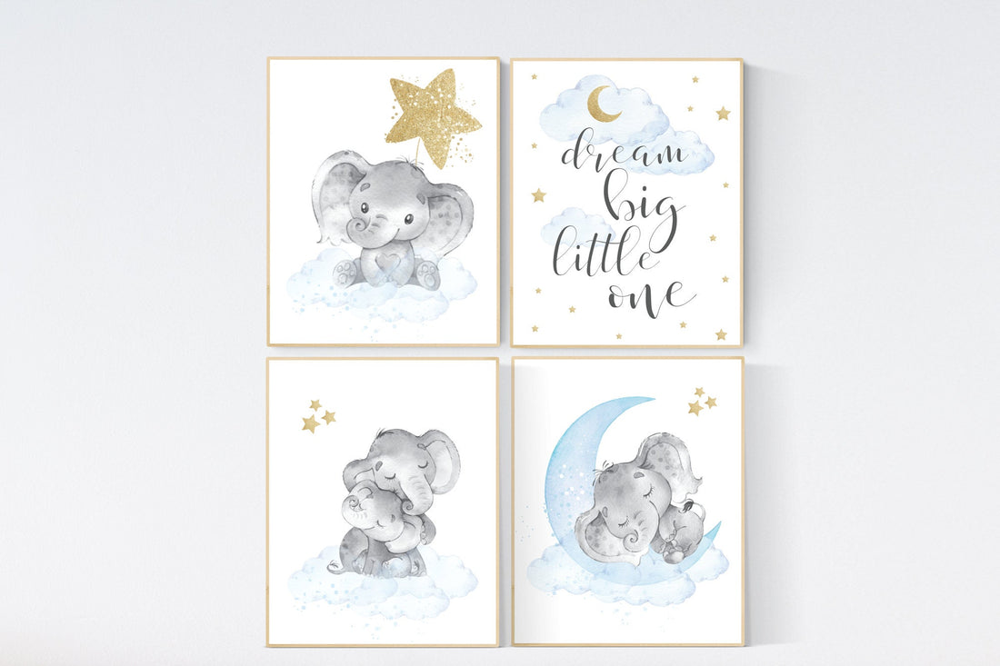 Nursery decor boy elephant, blue and gold nursery, blue nursery wall art, cloud and stars, baby room decor, blue gold nursery art