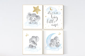 Nursery decor boy elephant, blue and gold nursery, blue nursery wall art, cloud and stars, baby room decor, blue gold nursery art