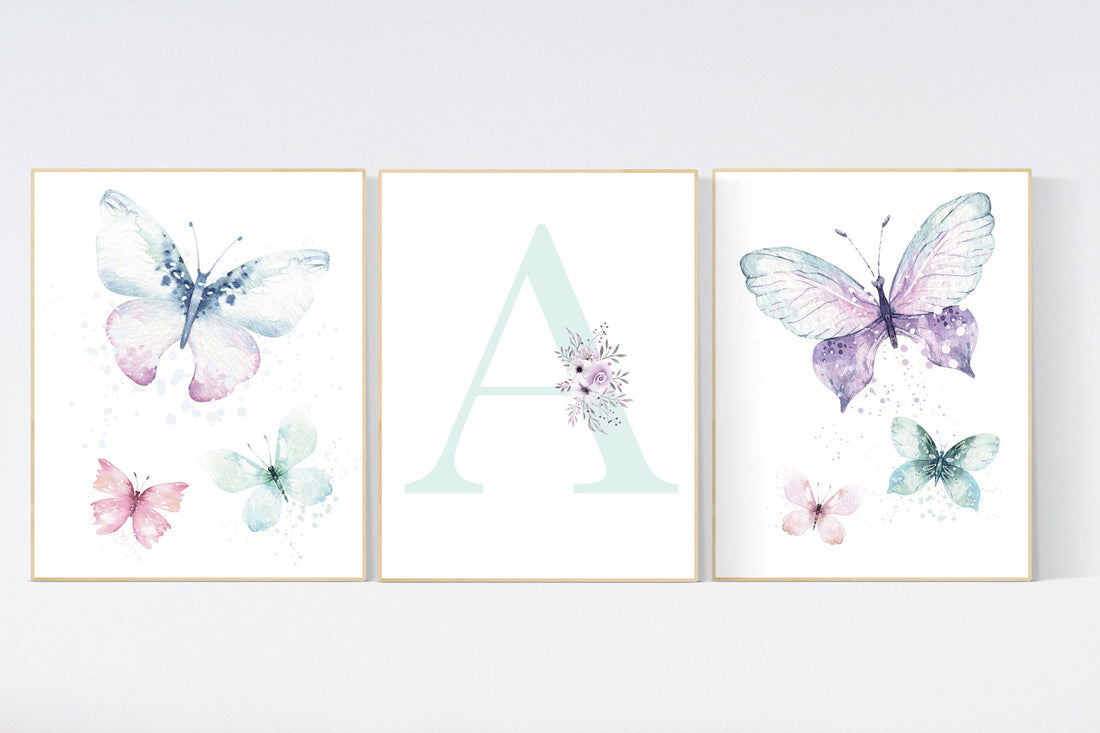 Nursery decor girl butterfly, pink, purple, teal nursery, mint pink nursery, girl room prints, baby girl nursery wall art butterfly wall art