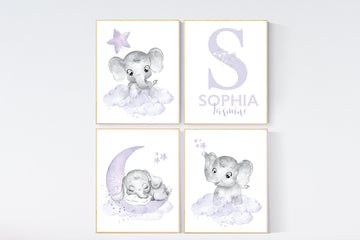 Nursery decor girl purple, nursery wall art elephant, baby room wall decor, girl nursery prints, moon, nursery decor girl name, wall decor