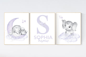 Girls room decor purple, Nursery decor girl purple, nursery decor elephant girl, moon and stars, nursery decor girl lavender, lilac nursery
