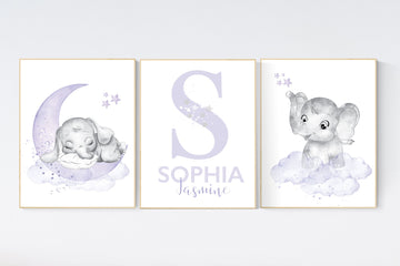 Girls room decor purple, Nursery decor girl purple, nursery decor elephant girl, moon and stars, nursery decor girl lavender, lilac nursery