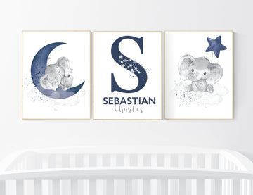 Nursery decor boy, elephant nursery, navy nursery decor, boy nursery wall art, moon and stars, navy blue nursery wall decor, name nursery