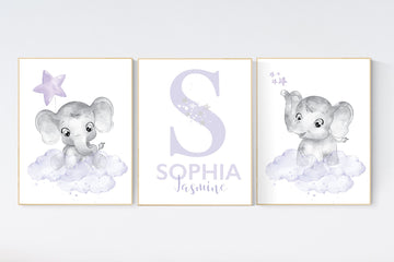 Nursery decor girl lavender, purple nursery, nursery decor elephant girl, Girls room decor purple, moon and stars, nursery decor girl, lilac