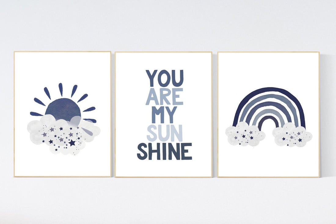 You are my sunshine, navy nursery wall art, rainbow nursery, nursery wall art boy, navy Blue, moon, stars, navy nursery, boy nursery decor