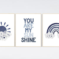 You are my sunshine, navy nursery wall art, rainbow nursery, nursery wall art boy, navy Blue, moon, stars, navy nursery, boy nursery decor