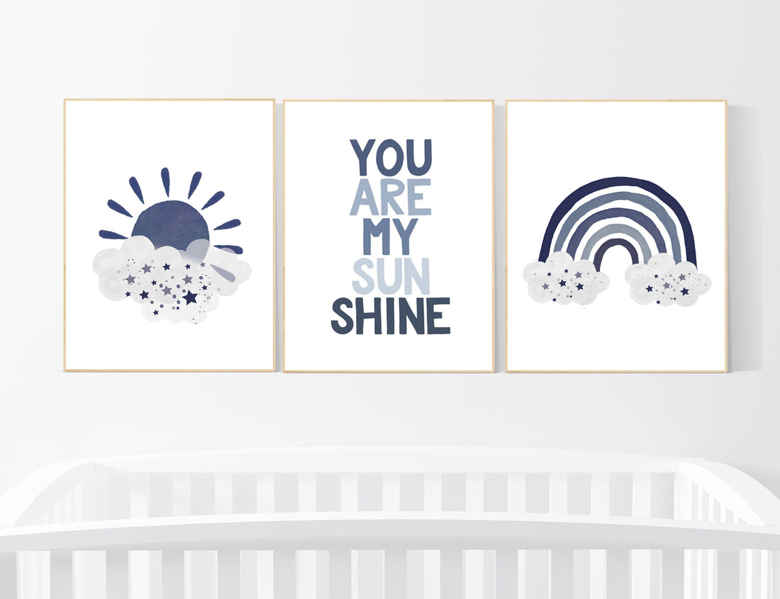 You are my sunshine, navy nursery wall art, rainbow nursery, nursery wall art boy, navy Blue, moon, stars, navy nursery, boy nursery decor