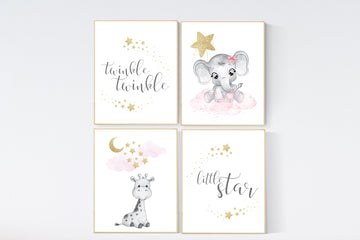 Nursery decor girl elephant, pink and gold nursery, twinkle twinkle little star, pink nursery art, cloud and stars, baby room decor