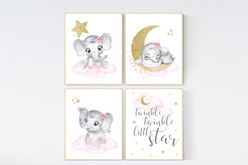 Nursery decor girl elephant, pink and gold nursery, twinkle twinkle little star, pink nursery art, cloud and stars, baby room decor