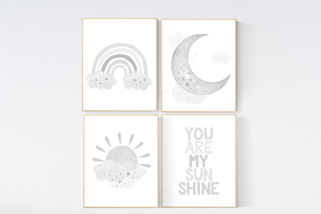 Nursery decor gender neutral, grey nursery, rainbow Nursery prints, nursery wall art neutral, gray nursery, moon star, cloud, nursery art