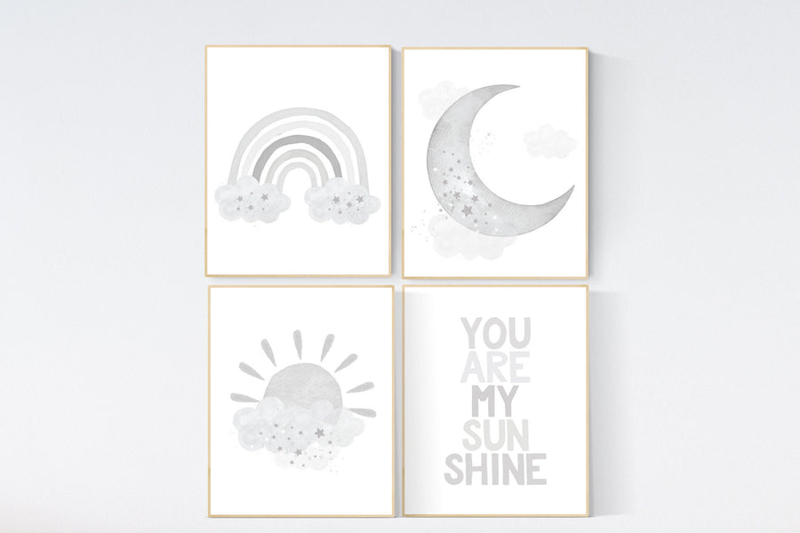 Nursery decor gender neutral, grey nursery, rainbow Nursery prints, nursery wall art neutral, gray nursery, moon star, cloud, nursery art