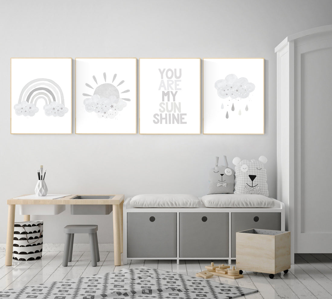 Nursery decor gender neutral, grey nursery, Nursery prints rainbow, nursery wall art neutral, gray nursery, moon star, cloud, nursery art