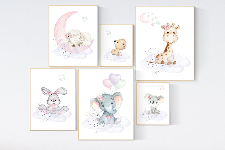 Nursery decor girl, animal prints, jungle animals, nursery prints animal,  girl nursery wall decor, elephant, giraffe, bear, bunny, koala