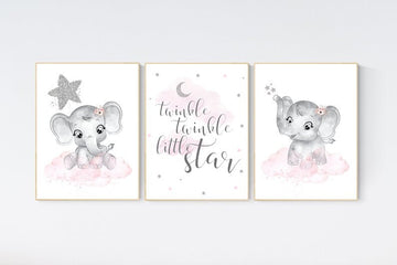 Girl nursery decor, pink and silver, elephant nursery prints, nursery wall art girl, baby girl elephant nursery decor, girl nursery wall art