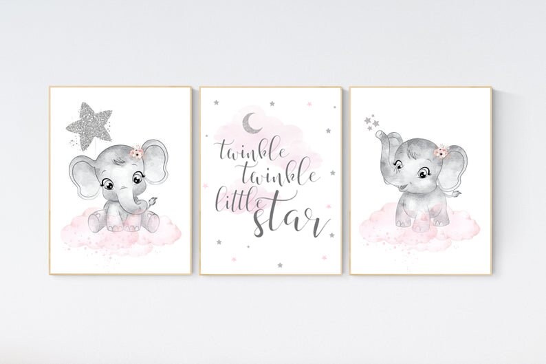 Girl nursery decor, pink and silver, elephant nursery prints, nursery wall art girl, baby girl elephant nursery decor, girl nursery wall art