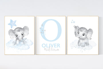 Nursery decor boy elephant, nursery wall art elephant, baby room decor boy, cloud and stars, Elephant Nursery Art, Baby Boy Nursery Art