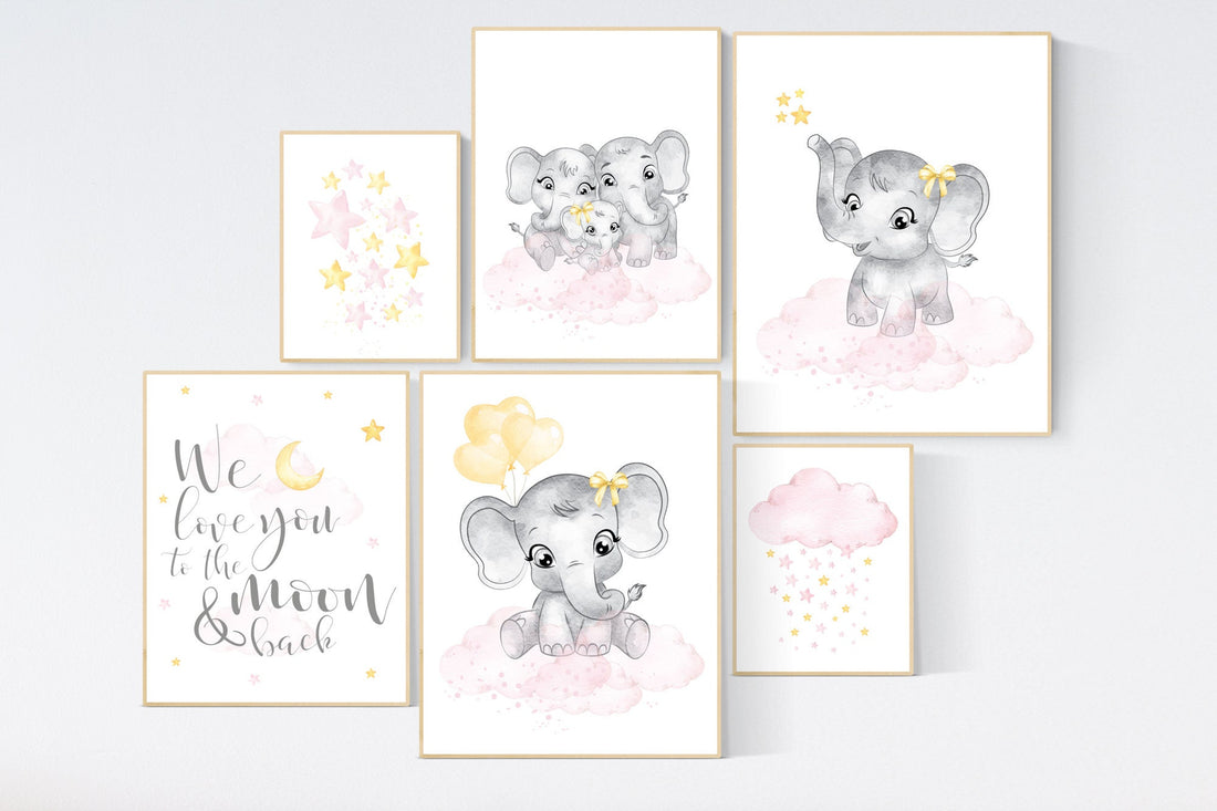 Nursery wall art girl pink and yellow, elephant nursery decor, nursery decor girl pink, moon and stars, girl nursery wall art, elephant