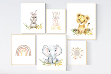 Animal prints for nursery, gender neutral, you are my sunshine, nursery decor neutral, rainbow nursery, nursery wall art animals, neutral