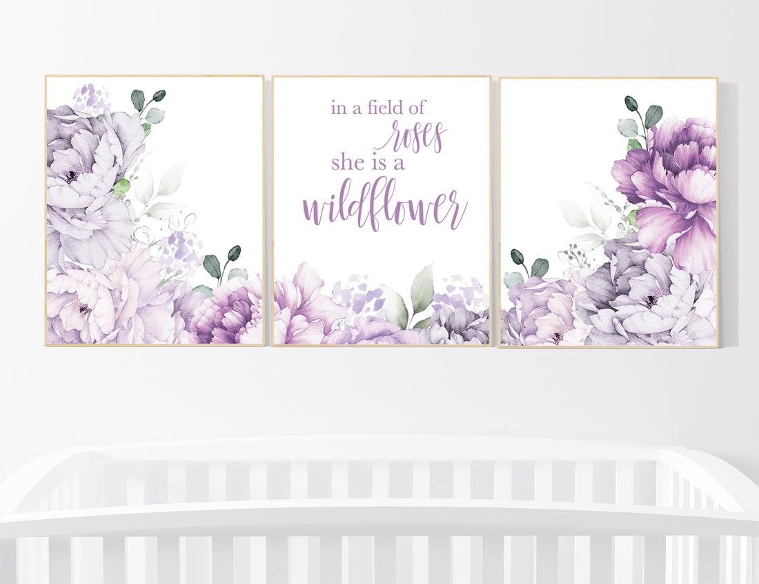 Nursery decor girl purple, floral nursery, flower nursery, peony, peonies, lavender, In a field of roses she is a wildflower, floral nursery