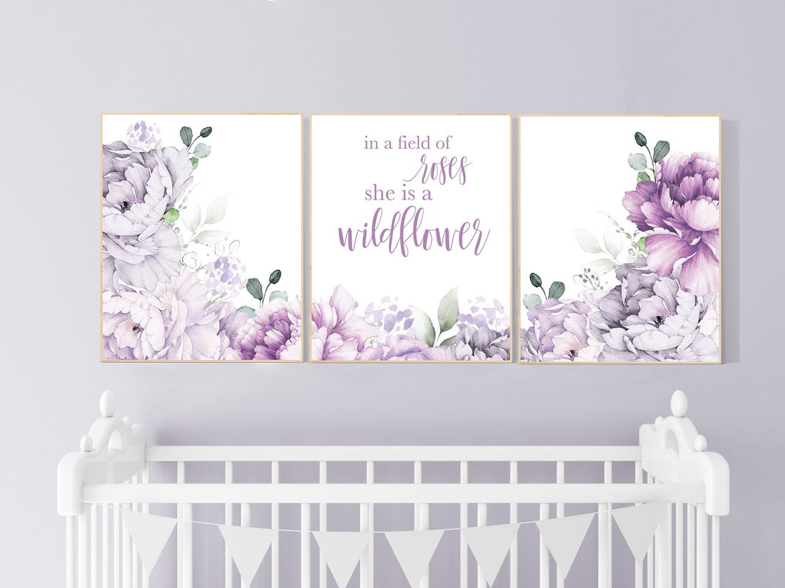 Nursery decor girl purple, floral nursery, flower nursery, peony, peonies, lavender, In a field of roses she is a wildflower, floral nursery