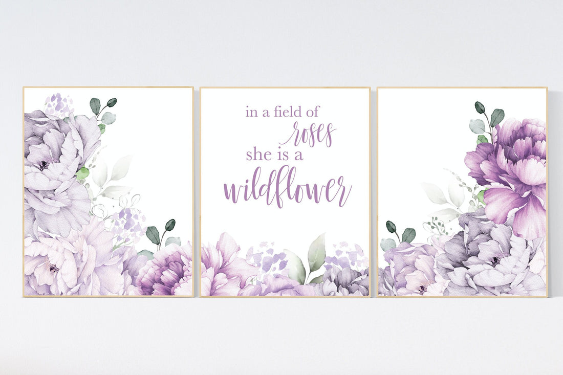 Nursery decor girl purple, floral nursery, flower nursery, peony, peonies, lavender, In a field of roses she is a wildflower, floral nursery