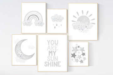 Nursery decor gender neutral, grey nursery, you are my sunshine, Nursery prints rainbow, nursery wall art neutral, gray nursery, moon star