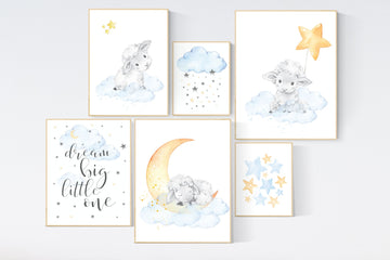 Nursery decor lambs, Sheep nursery decor, blue yellow nursery, nursery decor neutral, cloud and stars, dream big little one, gender neutral