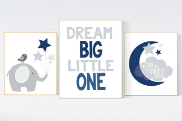 Navy blue nursery decor, dream big little one, nursery decor, elephant nursery, NAVY gray Nursery decor boy, nursery prints quotes
