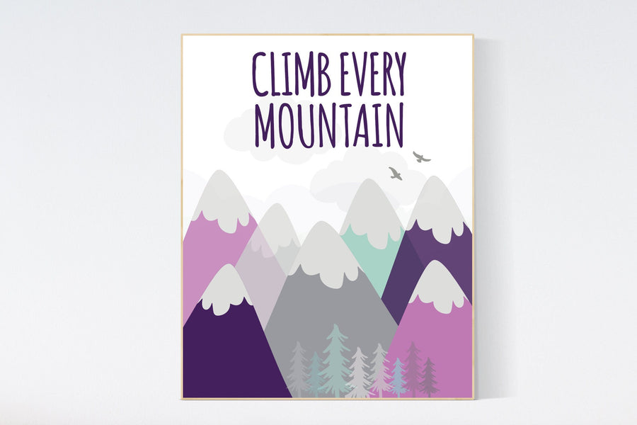 Climb every mountain wall art, nursery decor girl adventure, mountain nursery decor, mountain nursery art, purple nursery, adventure nursery