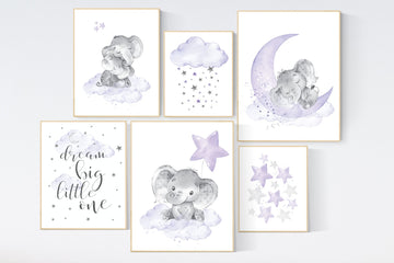 Nursery decor girl purple, nursery decor elephant girl, moon and stars, nursery prints girl, lavender, star nursery, lilac nursery decor,