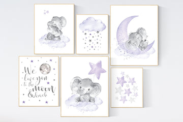 Nursery decor girl lilac, purple nursery, nursery decor elephant girl, moon and stars, nursery prints girl, lavender, star nursery