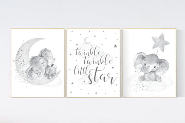 Grey nursery wall art, elephant nursery wall art, gender neutral, gray nursery art, nursery wall decor, moon, stars, neutral, twin nursery