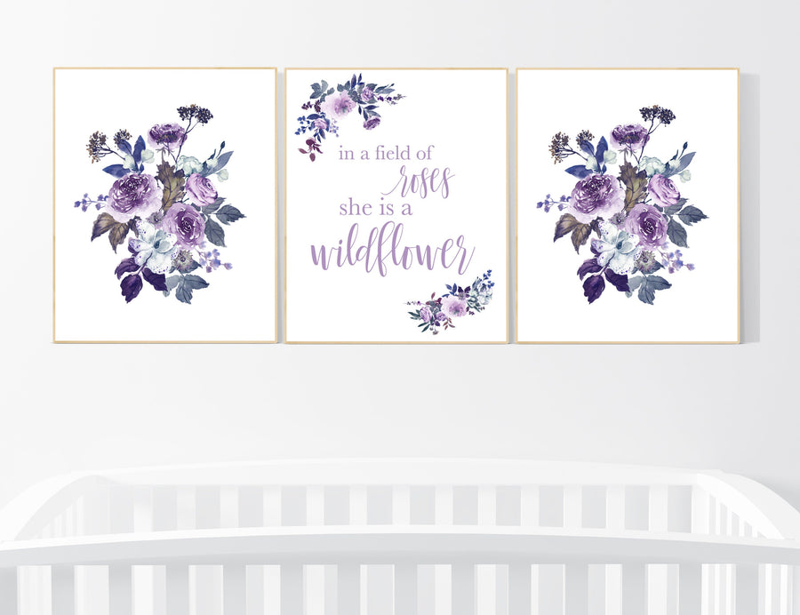 Nursery decor girl purple, burgundy, nursery decor girl floral, flower nursery, in a field of roses she is a wildflower, girl room decor