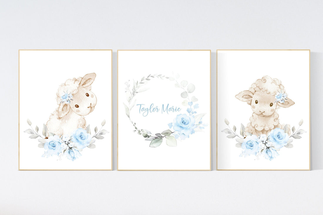Nursery wall art sheep, sheep nursery, blue flower, nursery decor girl, nursery decor girl floral, lamb nursery, sheep nursery print