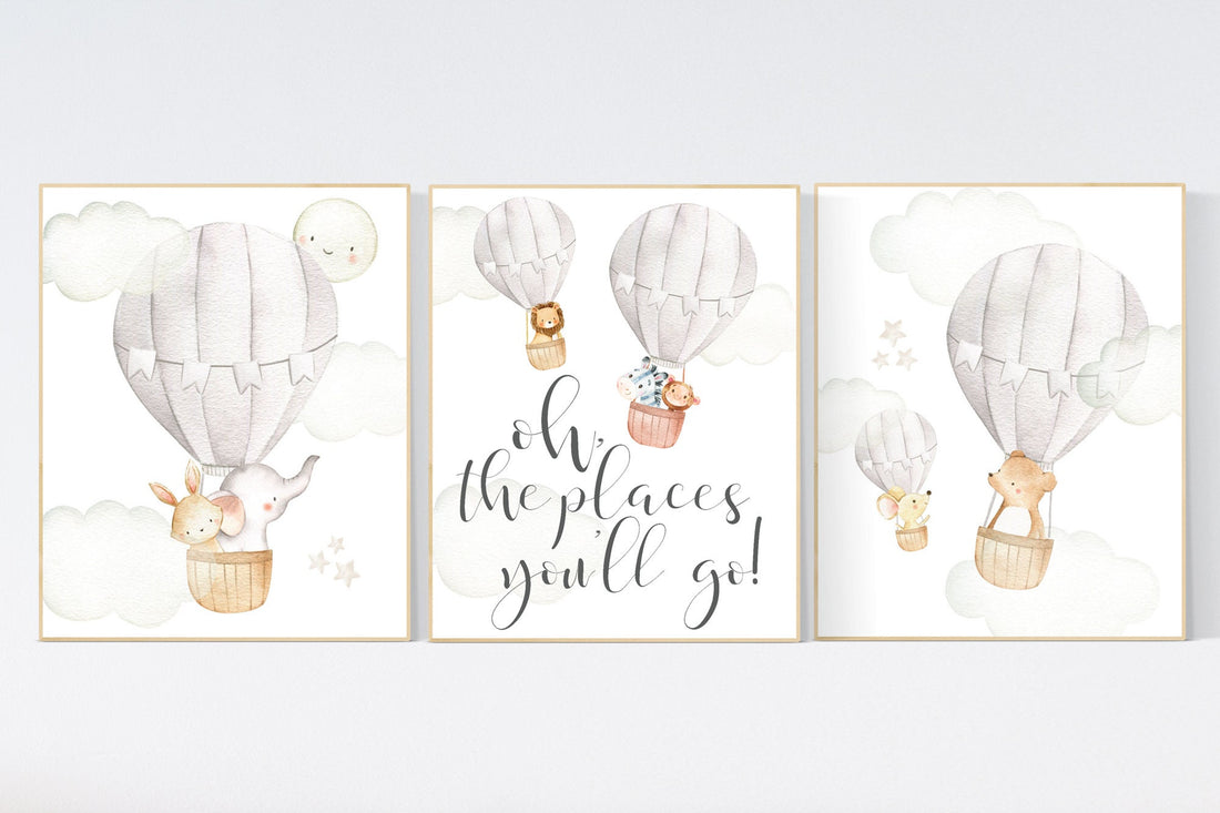 Nursery decor gender neutral, hot air balloon, elephant nursery, woodland animals, baby room decor, animal nursery, hot air balloons