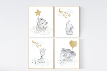 Animal nursery decor, gender neutral nursery, gold nursery decor, animal prints, moon and stars, bear, giraffe, elephant, balloon nursery