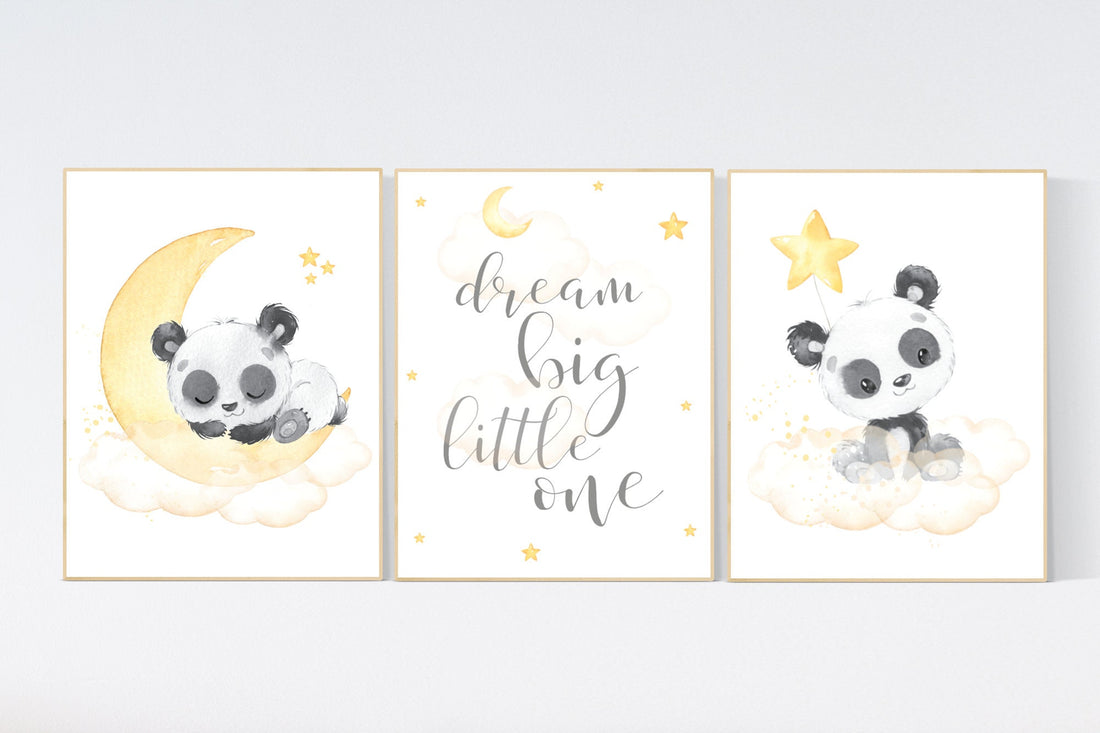 Yellow nursery decor, panda bear, gender neutral prints, yellow gray nursery wall art, panda prints, animal nursery wall art, neutral