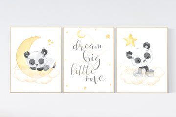 Yellow nursery decor, panda bear, gender neutral prints, yellow gray nursery wall art, panda prints, animal nursery wall art, neutral