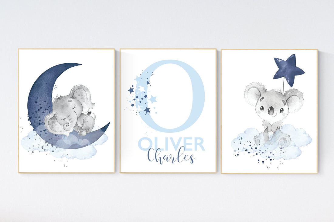 Nursery decor boy, navy blue nursery, elephant, koala, nursery wall art boy, nursery prints boy, set of 3, navy nursery, name nursery