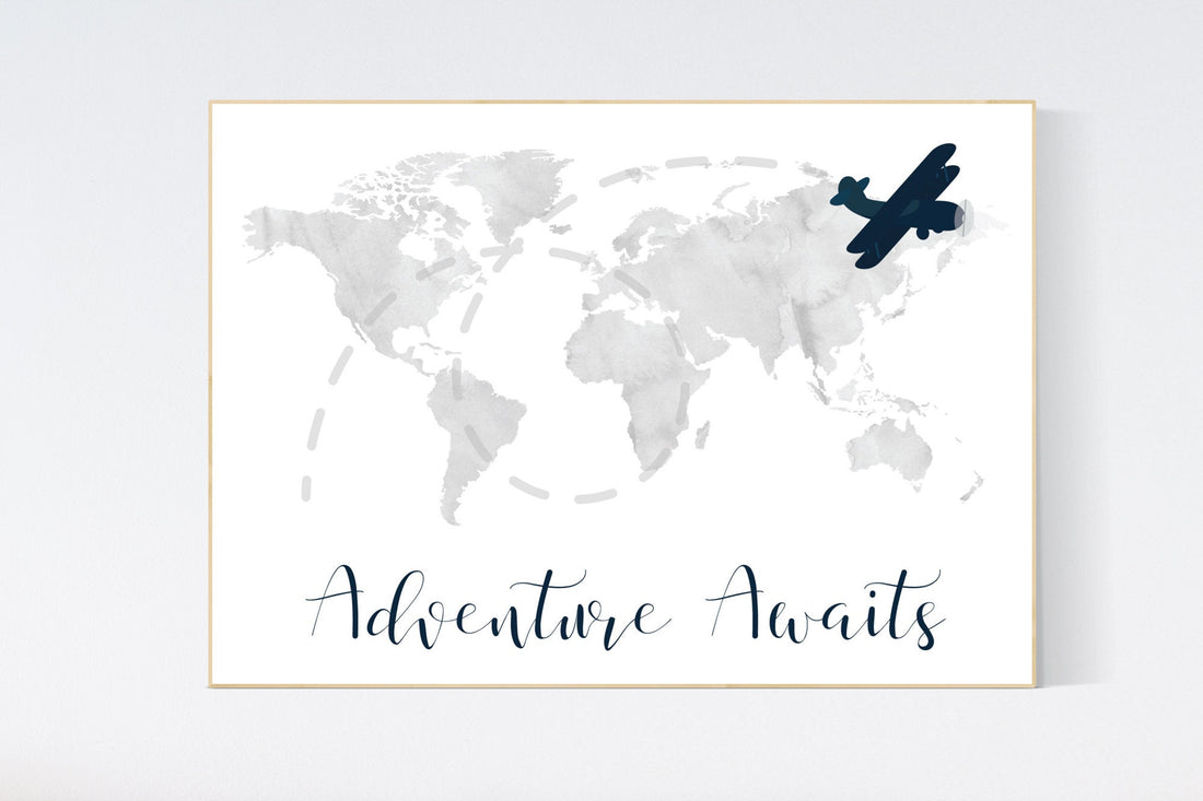 Nursery decor boy, world map, gray nursery, gray navy blue, adventure awaits, adventure nursery, travel theme, plane nursery wall art