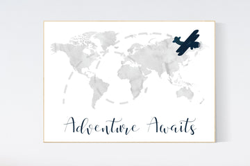 Nursery decor boy, world map, gray nursery, gray navy blue, adventure awaits, adventure nursery, travel theme, plane nursery wall art