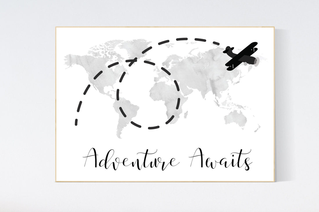 Nursery decor boy, world map, gray nursery, black and white, adventure awaits, adventure nursery, travel theme, plane nursery wall art